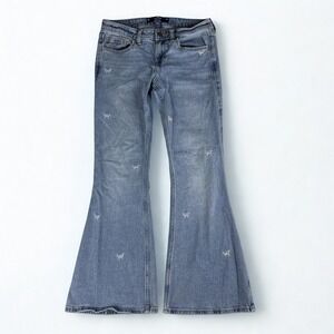 Hollister Low-Rise Flare Jeans Womens 26S Light Blue Embroidered Butterflies